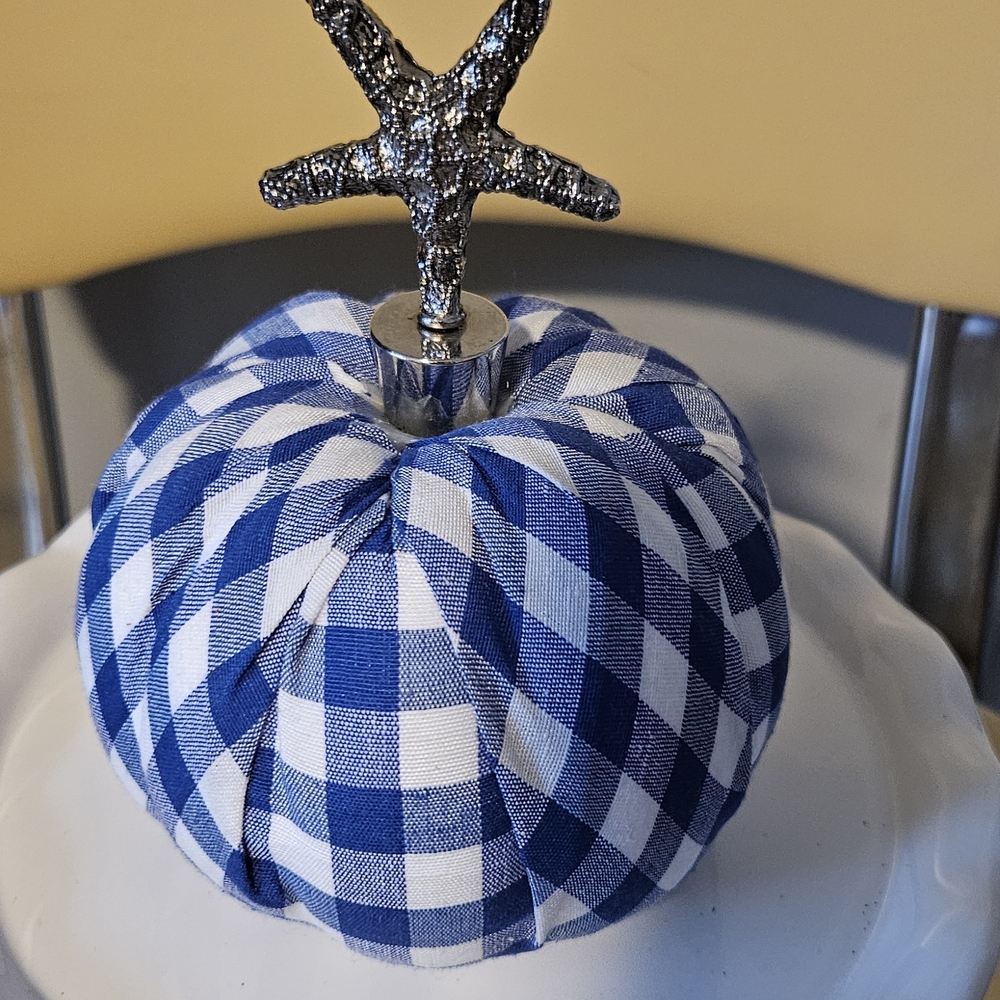 Blue Checkered Fabric Pumpkin with Starfish Topper